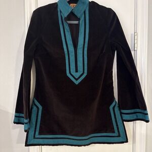 Tory Burch Tunic Top Velvet Embroidered Trim Caftan Tunic Top Medium Brown EUC